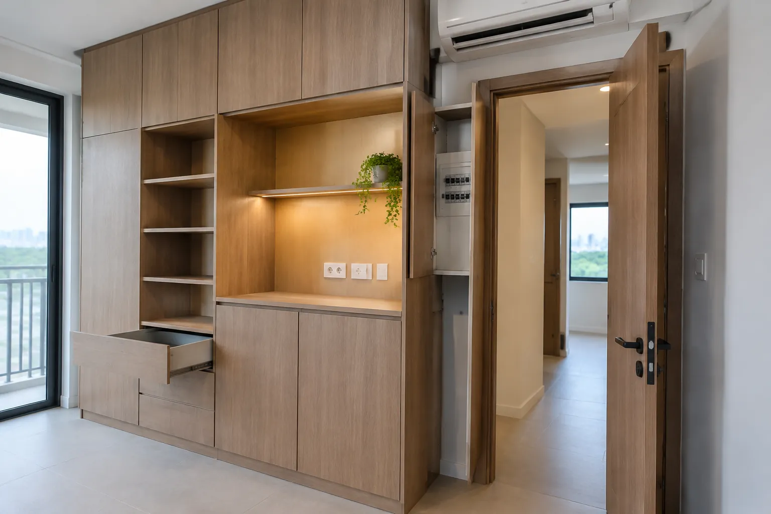 Kabinet kayu terpasang pada dinding dekat pintu