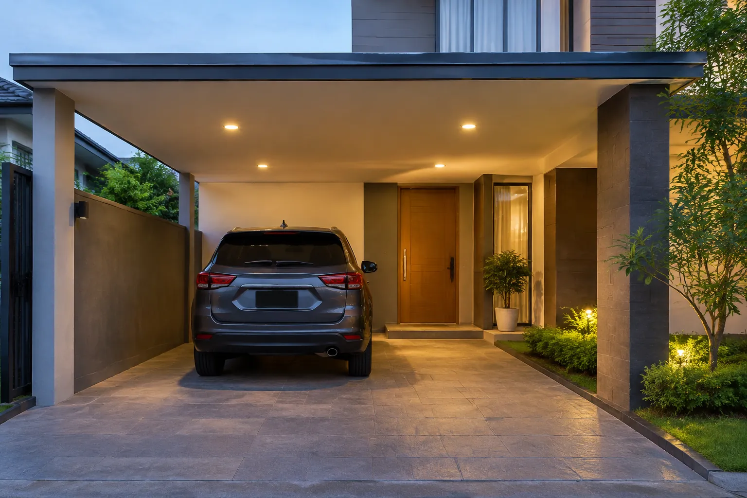 Beberapa lampu terpasang pada langit-langit carport di atas mobil
