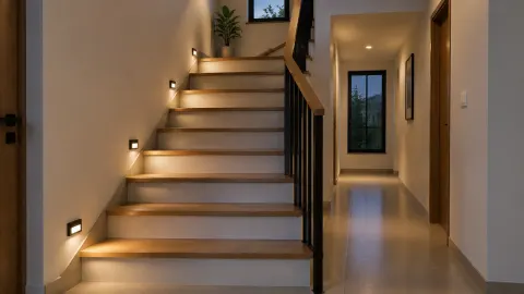 Tangga dan lorong rumah dengan lampu pada dinding serta anak tangga