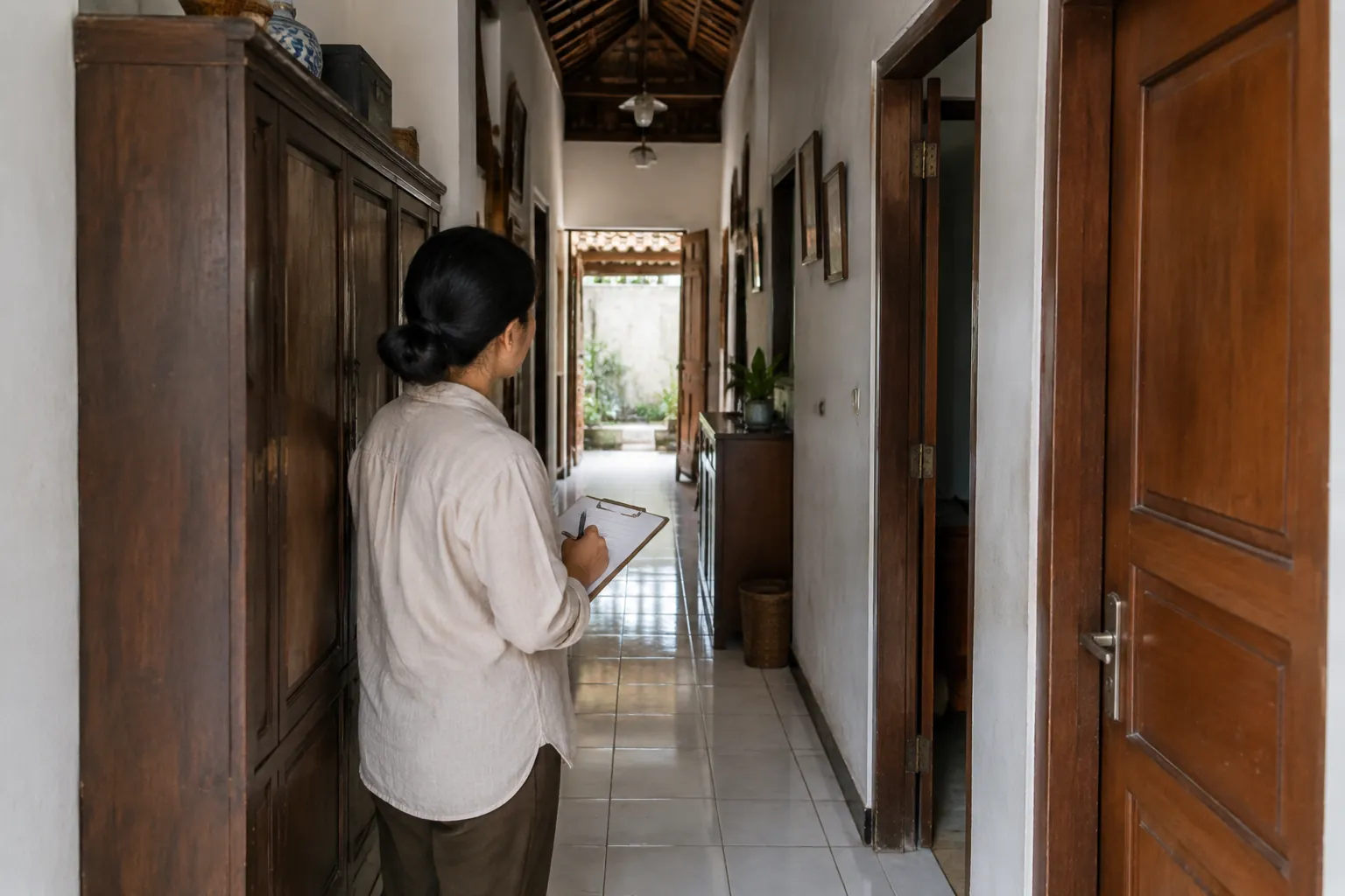 Seseorang mengamati lebar lorong pada rumah lama