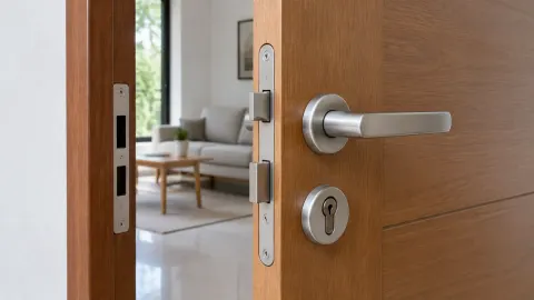 Gagang, silinder kunci, dan pelat logam pada pintu kayu