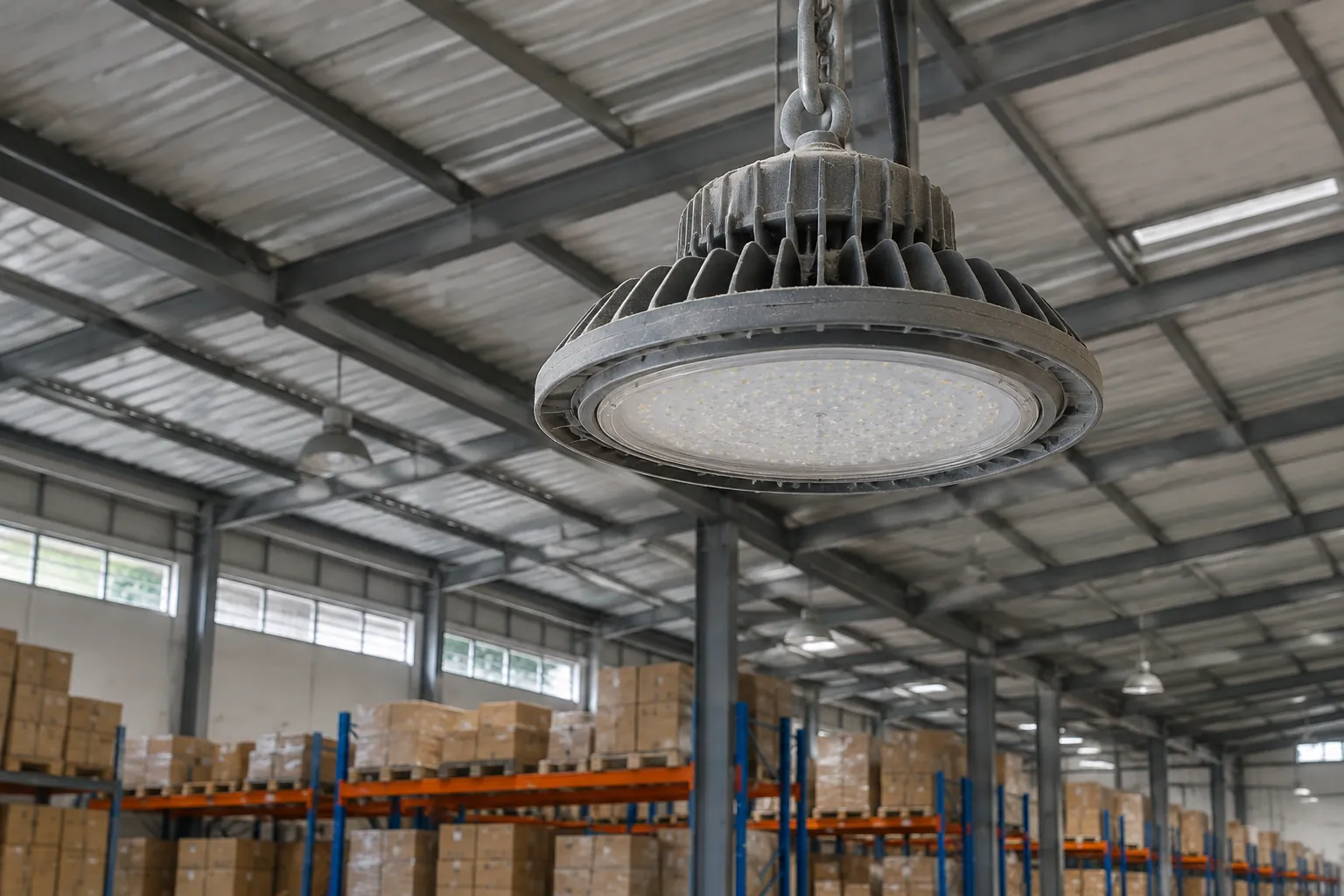 Lampu industri besar menggantung di atas rak gudang