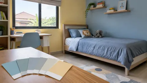 Kamar anak dengan sampel warna di atas meja