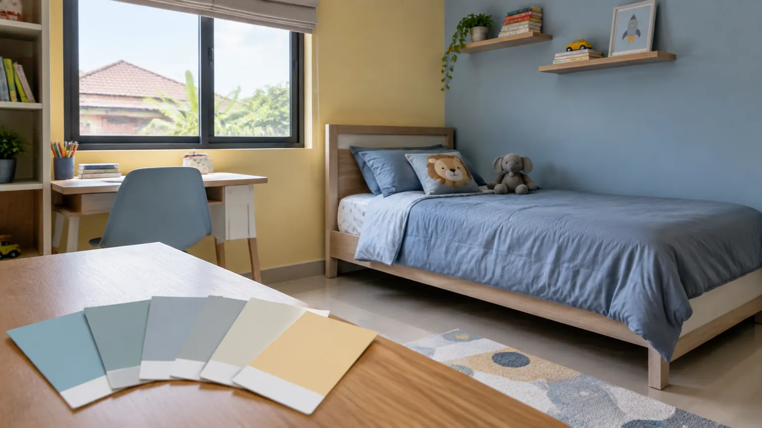 Kamar anak dengan sampel warna di atas meja