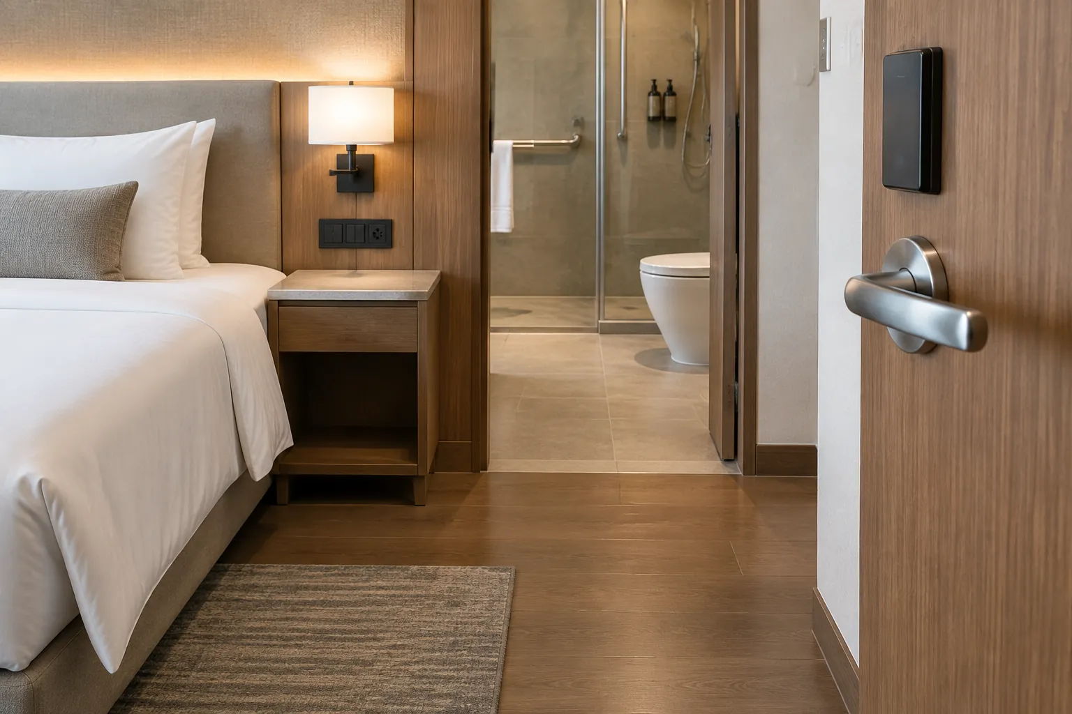 Sisi tempat tidur hotel dengan lampu dan pintu kamar mandi