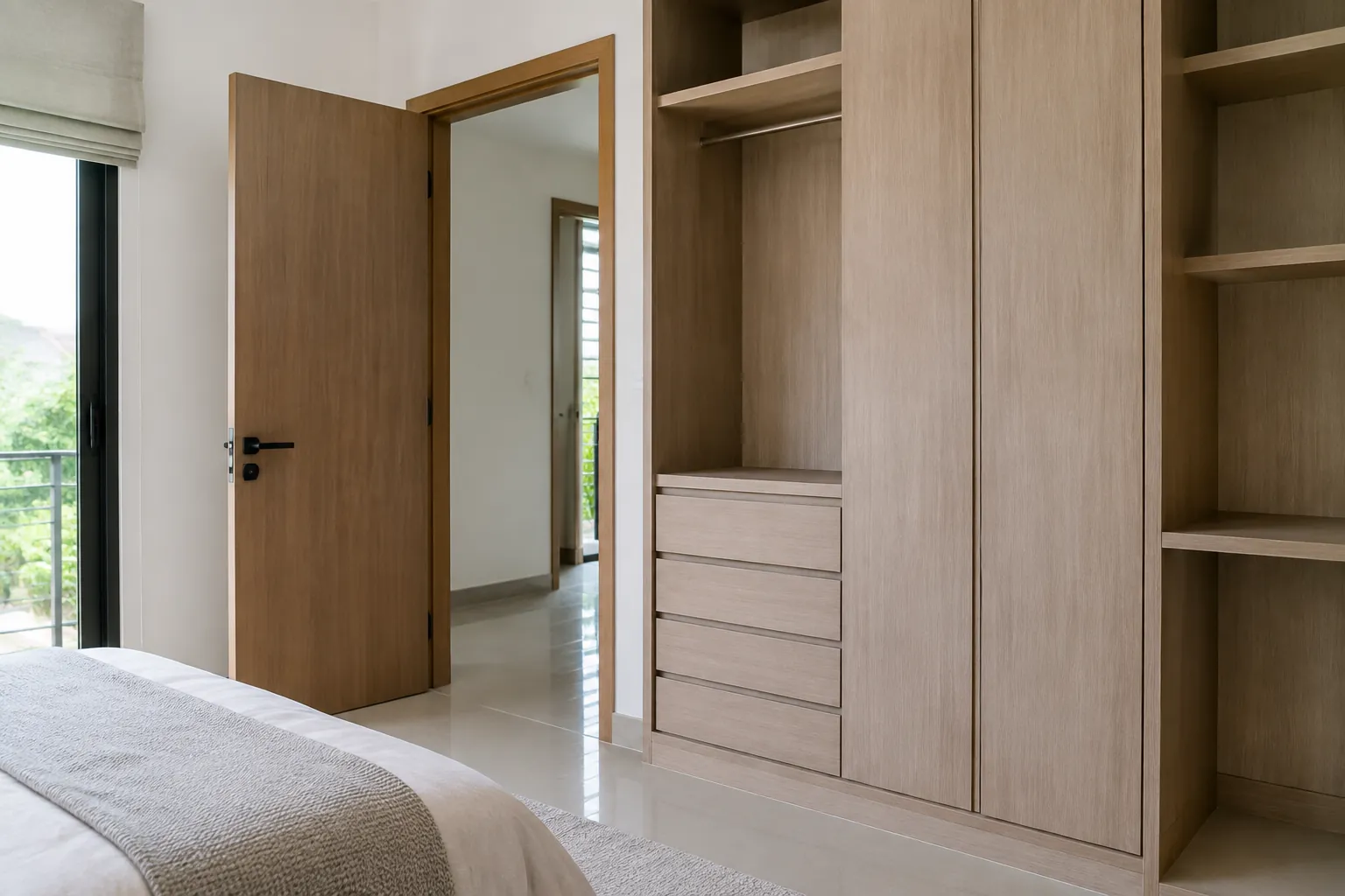 Pintu kamar dan lemari pakaian saling berdekatan
