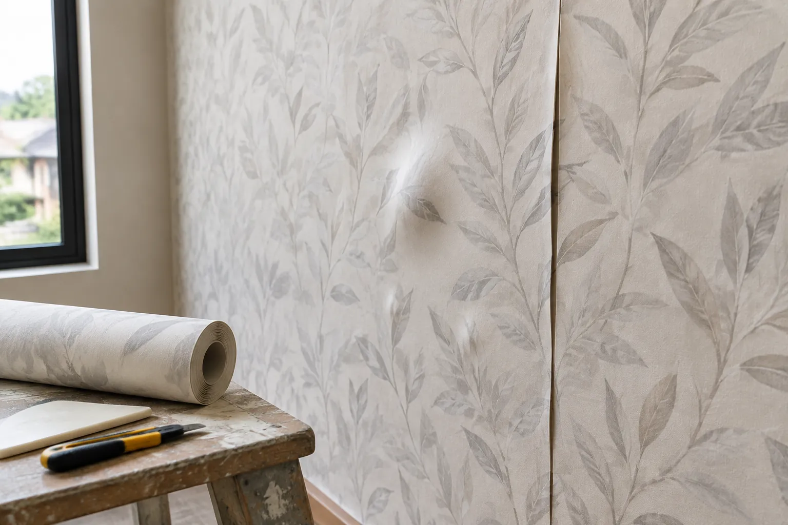 Sambungan wallpaper bermotif dengan bagian yang terlepas