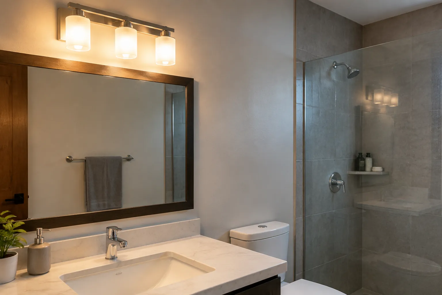 Kamar mandi dengan lampu rapi.