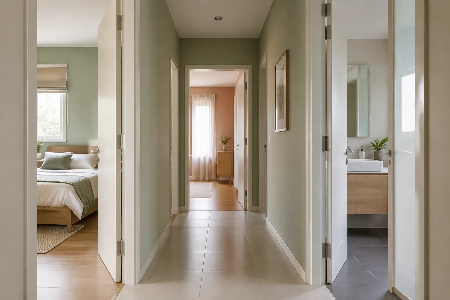 Lorong rumah dengan beberapa bukaan kamar