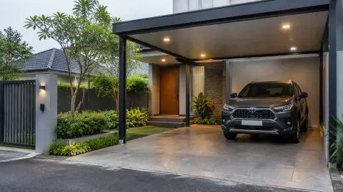 Lampu carport menyala di bawah kanopi pada senja hari