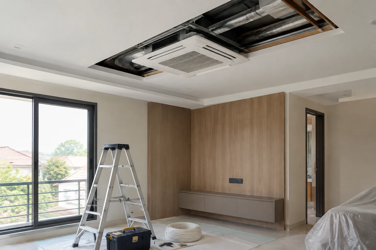 Pekerjaan pemasangan unit AC di ruang yang sedang direnovasi