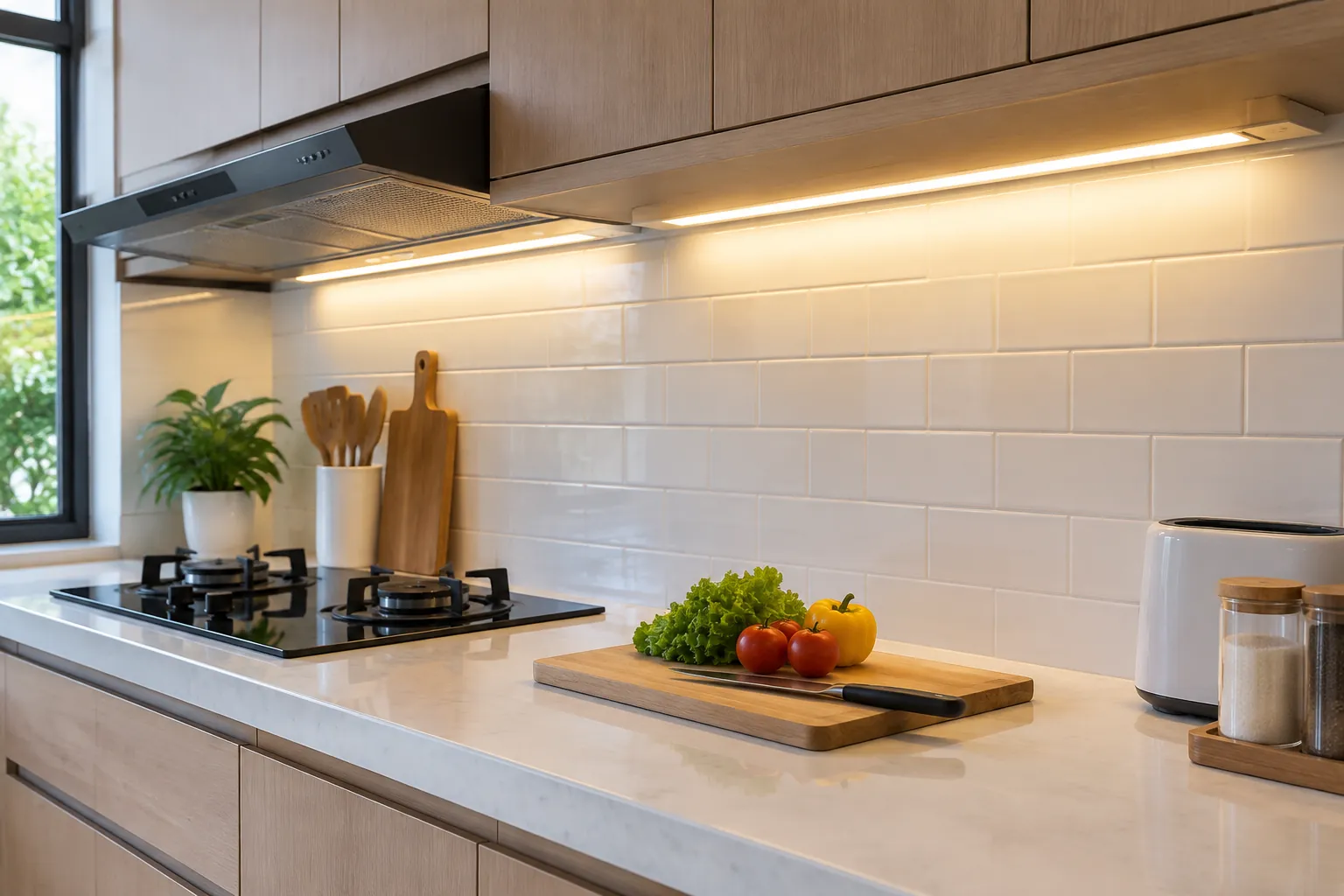 Lampu di bawah kabinet menerangi permukaan kerja dapur