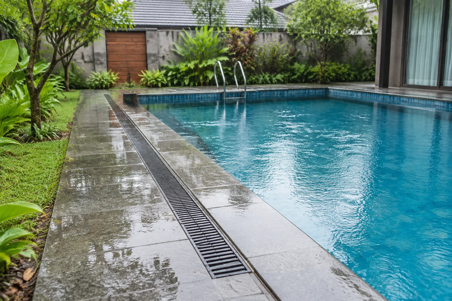 Air hujan berada pada deck dan saluran di tepi kolam