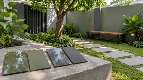 Sampel bahan luar ruangan di dekat taman dengan jalur batu