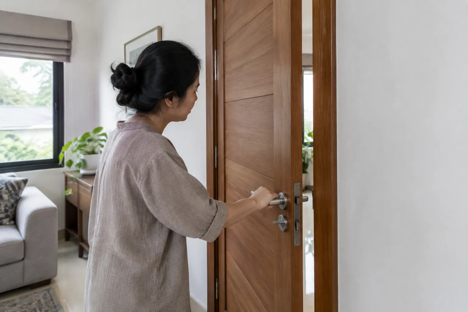 Penghuni memegang gagang pintu kayu yang terbuka