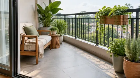 Balkon dengan kursi, tanaman, dan pagar logam