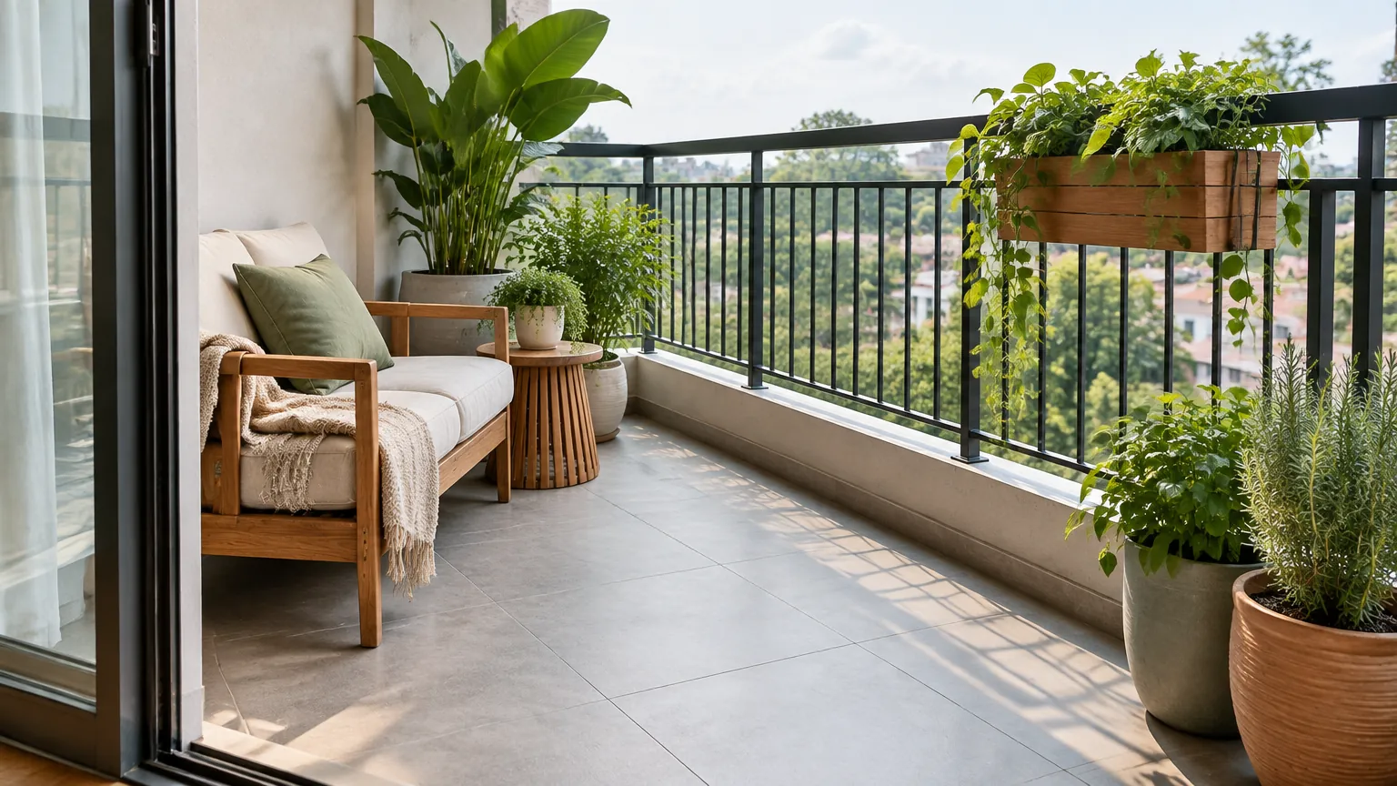 Balkon dengan kursi, tanaman, dan pagar logam