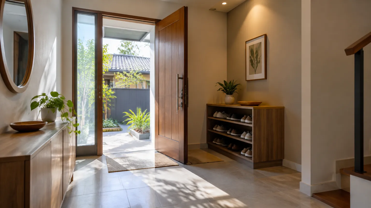 Foyer dengan pintu kayu dan cahaya alami