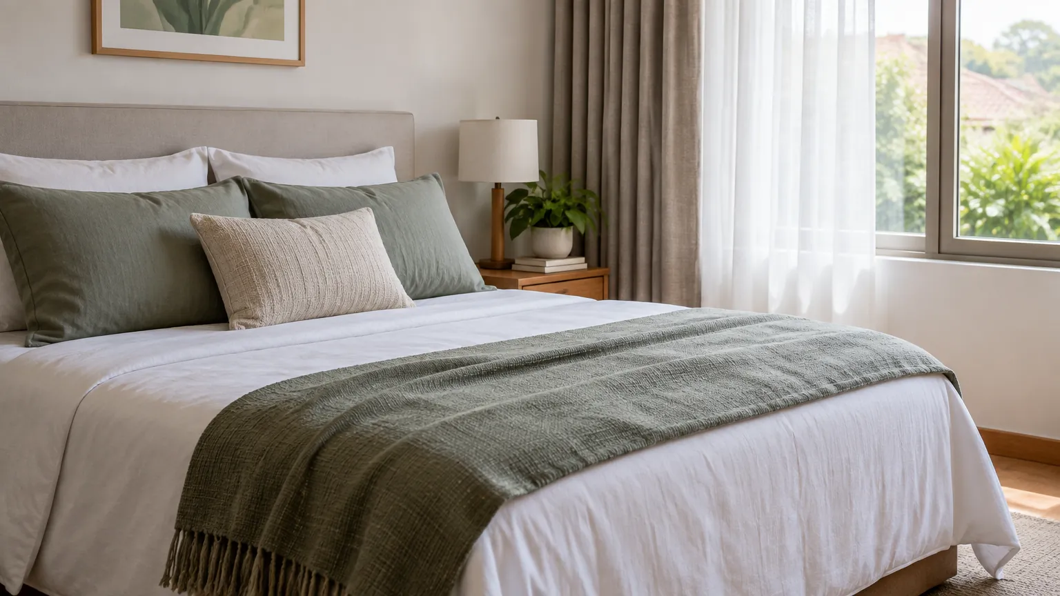 Tempat tidur dengan seprai dan selimut berwarna hijau
