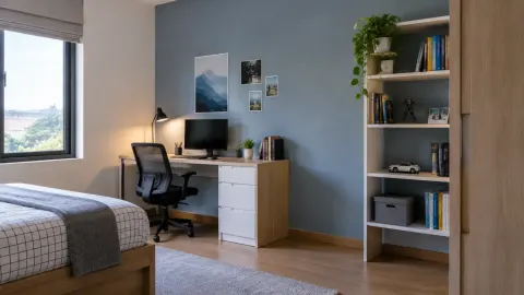 Kamar remaja dengan dinding biru dan meja kerja