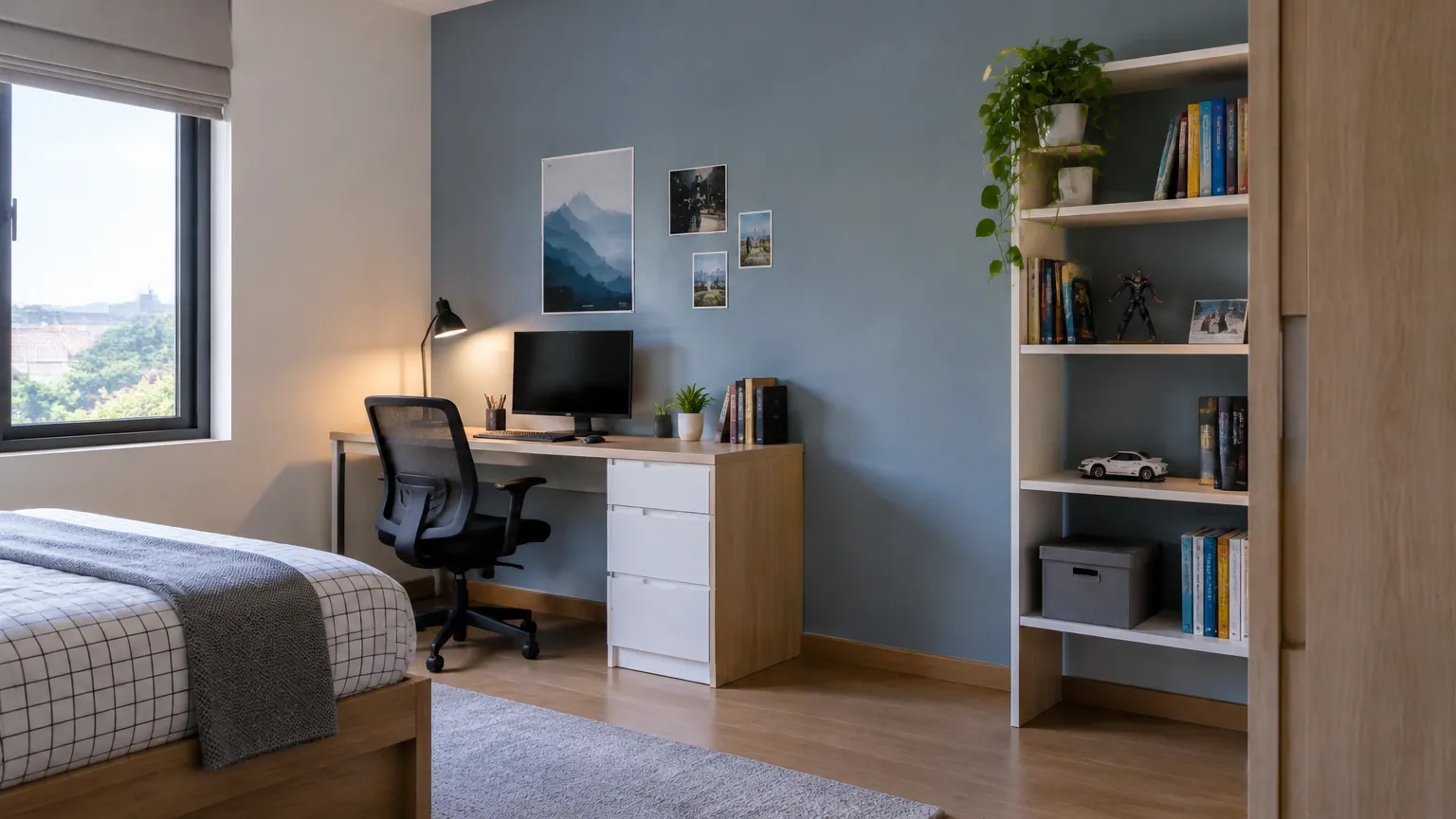 Kamar remaja dengan dinding biru dan meja kerja
