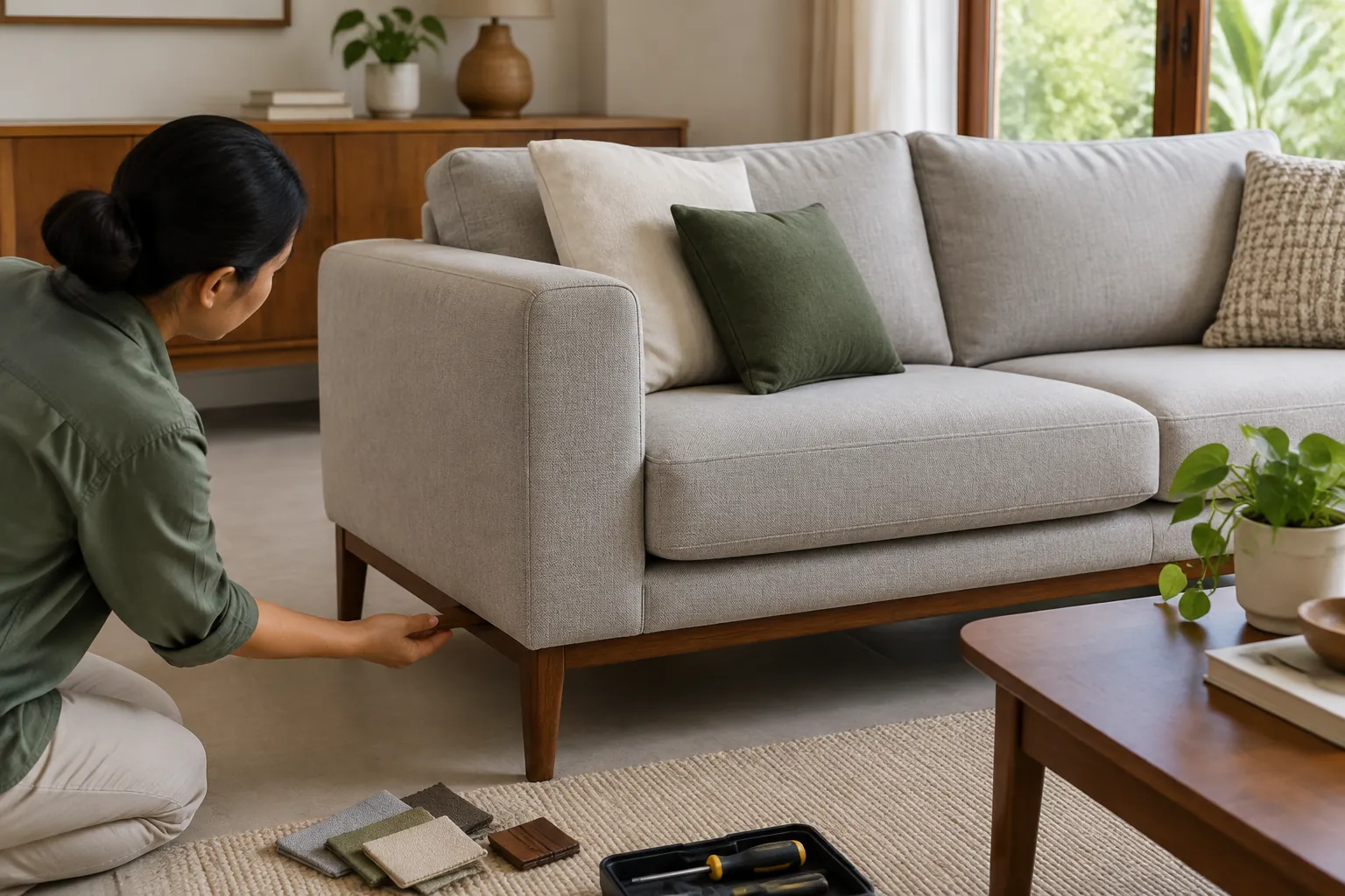 Seseorang memeriksa kaki dan rangka sofa