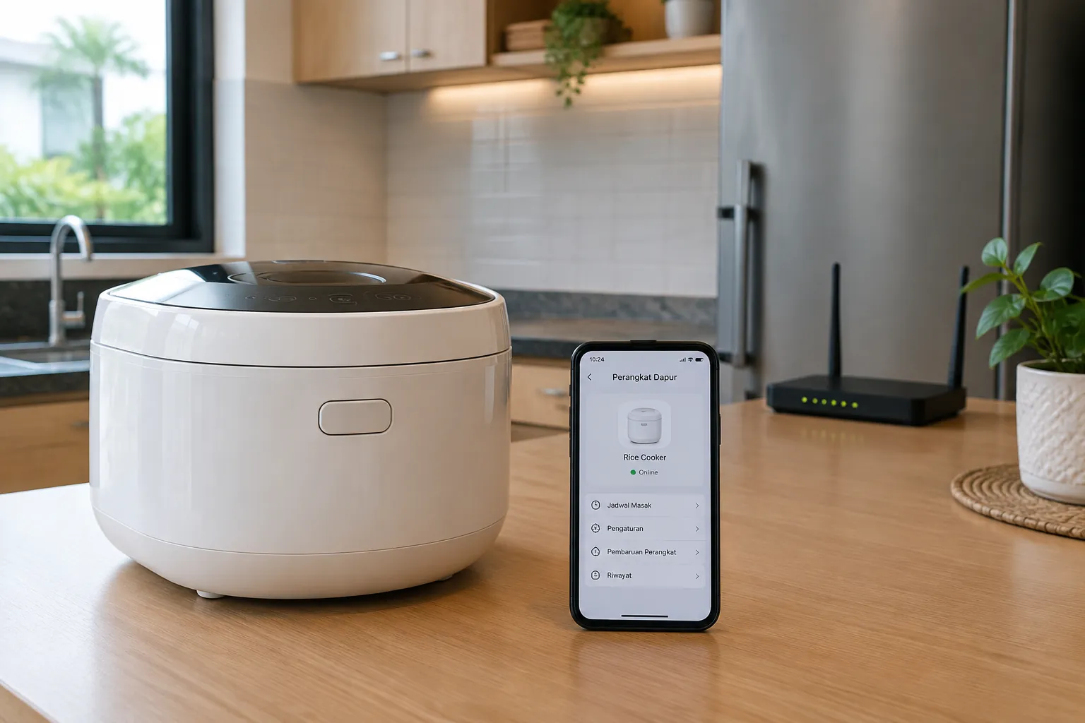 Penanak nasi di samping ponsel dan router pada meja dapur