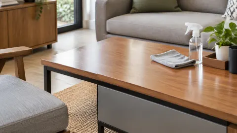 Meja kayu yang dibersihkan dengan kain dan botol semprot