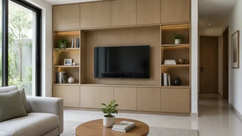 Kabinet televisi dan rak built-in mengisi dinding ruang keluarga
