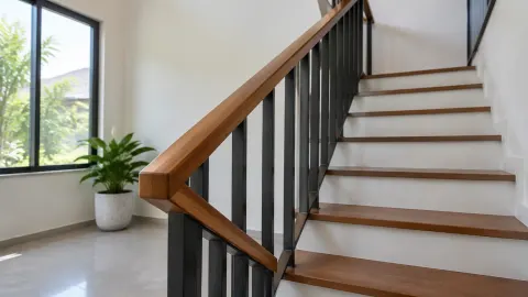 Tangga rumah dengan pegangan kayu dan batang railing vertikal