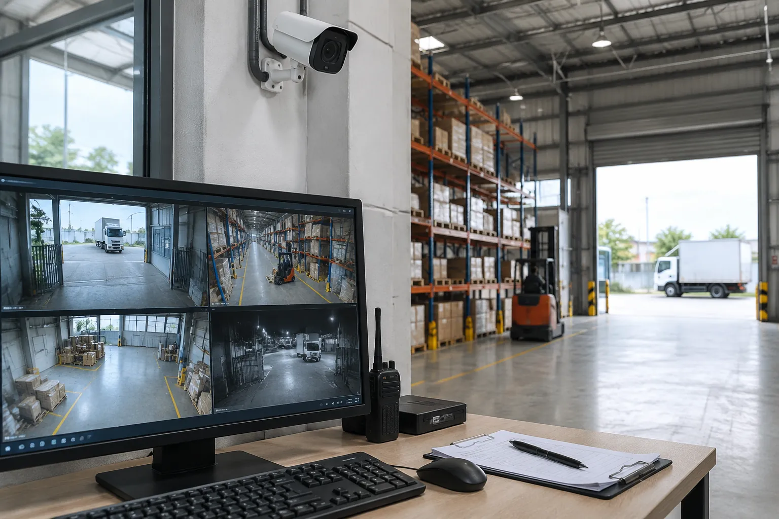 Monitor kamera di dekat rak penyimpanan gudang