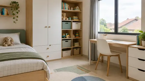 Kamar anak dengan lemari, rak buku, dan meja belajar