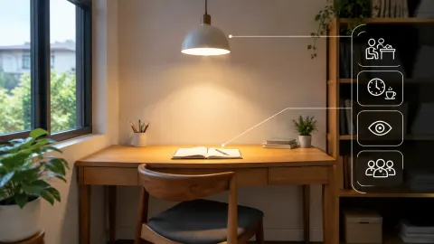 Ilustrasi lampu kerja di atas meja dengan ikon aktivitas dan arah pandang