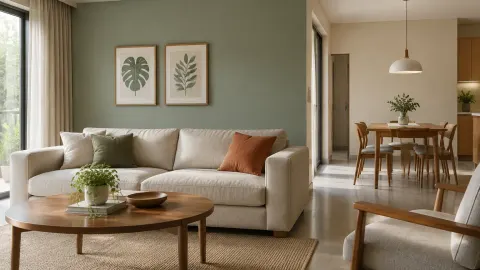 Ruang keluarga dengan dinding hijau dan sofa krem