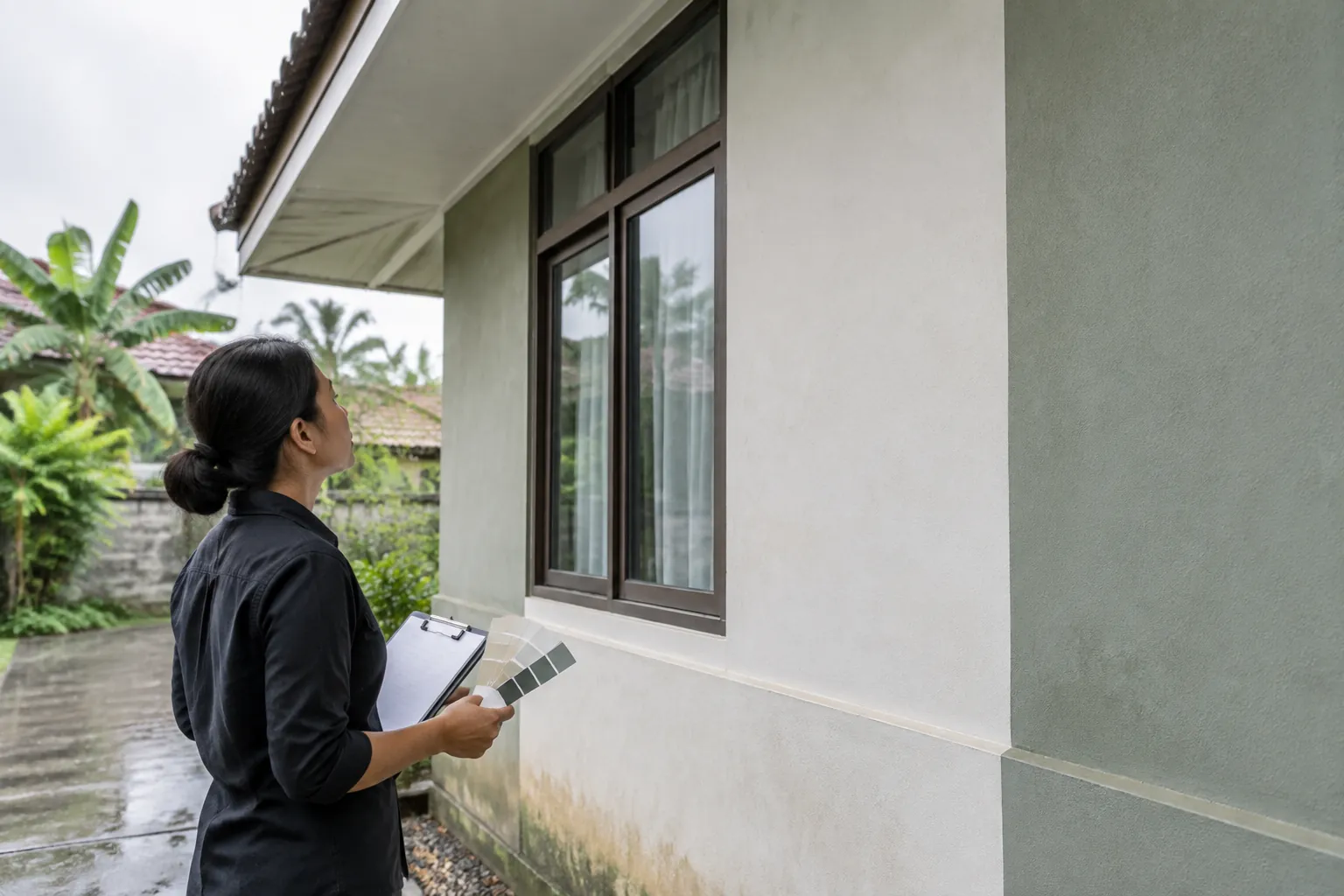 Seseorang memeriksa dinding luar rumah saat cuaca basah