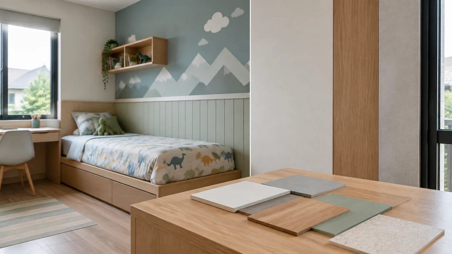 Kamar anak dengan warna dinding dan sampel panel bahan