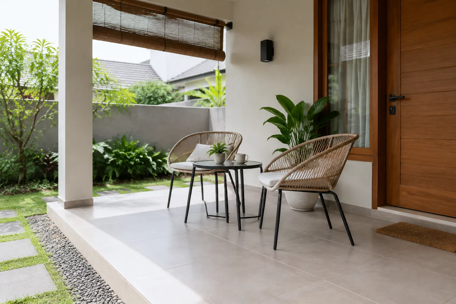 Meja kecil dan dua kursi menjadi furnitur inti teras depan