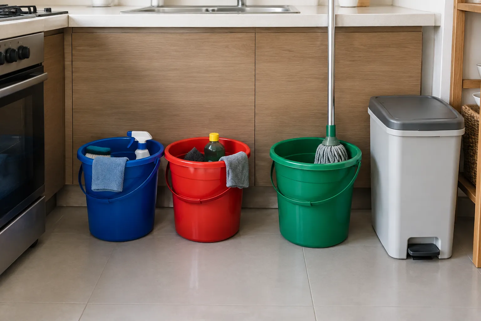 Ember dan alat pel untuk tugas pembersihan dapur