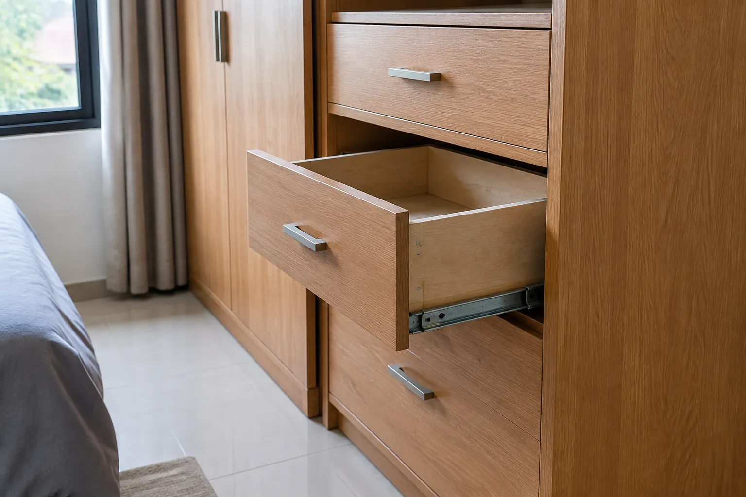 Laci kabinet kayu terbuka dengan rel terlihat