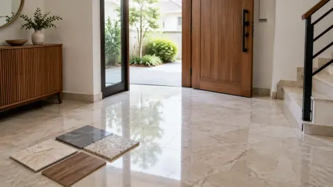 Lantai foyer berkilap dengan contoh bahan di dekat pintu