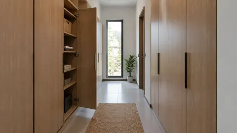 Lorong dengan lemari penyimpanan tinggi pada kedua sisinya