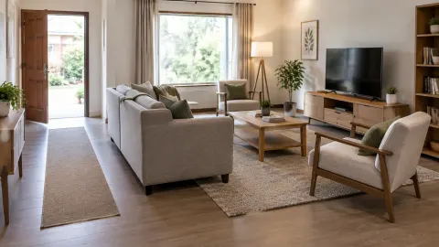 Ruang tamu dengan sofa, kursi, meja tengah, dan jalur menuju pintu