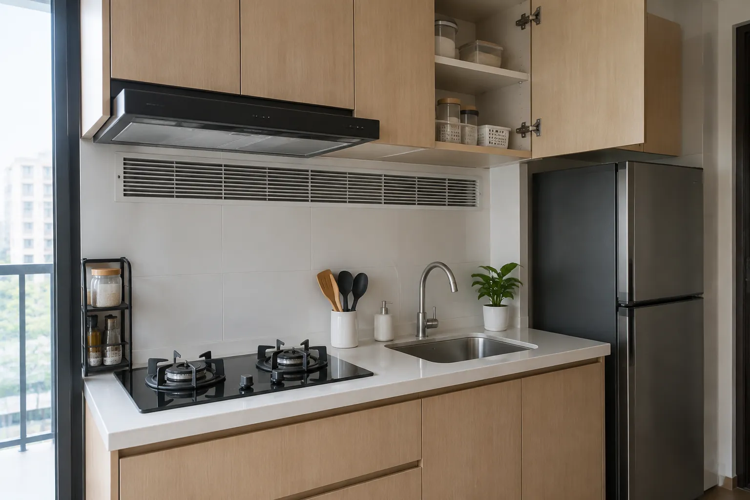 Dapur apartemen dengan kabinet, kompor, dan jendela
