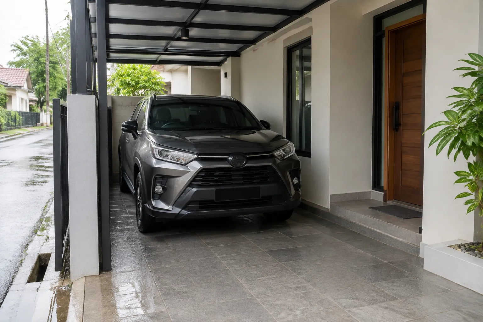 Carport beratap dengan mobil dan pintu masuk di sampingnya