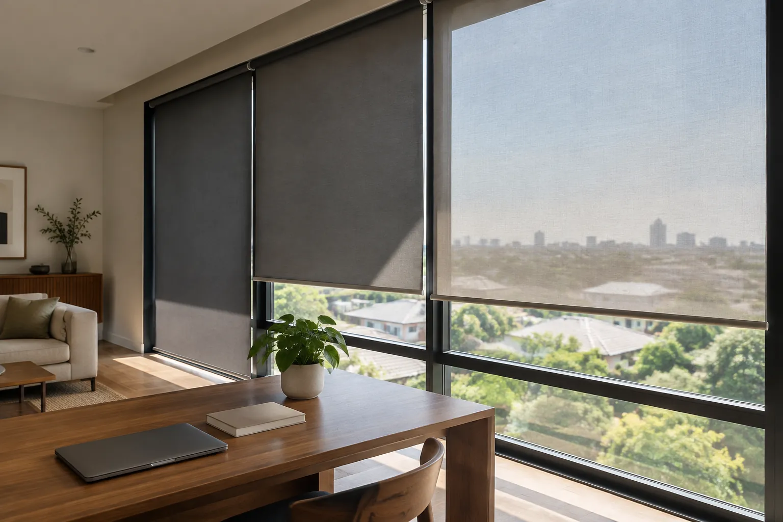 Roller blind gelap menutup sebagian jendela besar di ruang kerja