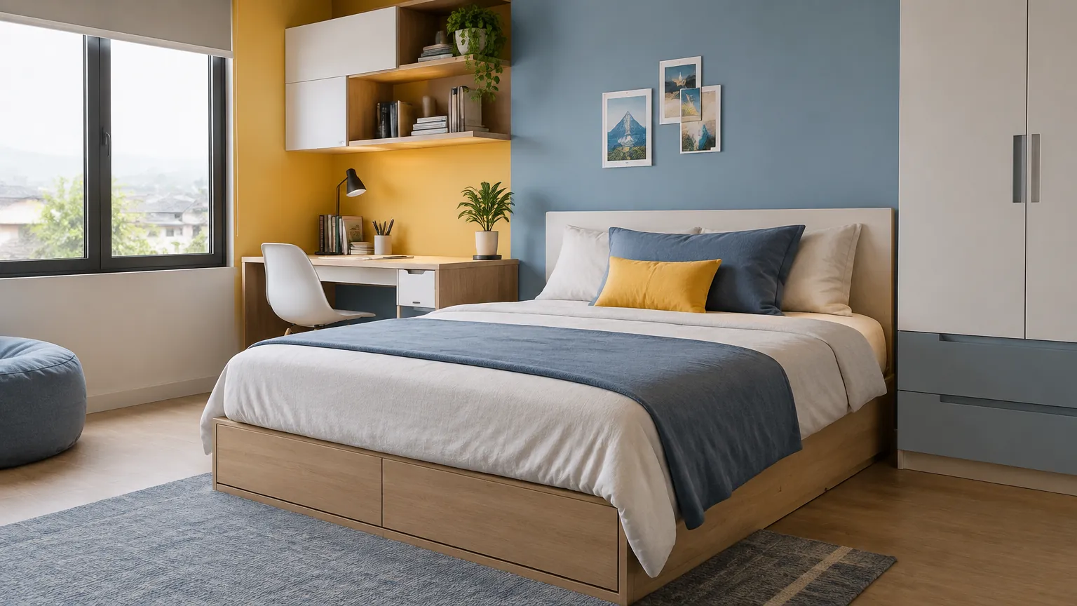 Kamar remaja dengan dinding biru dan aksen kuning