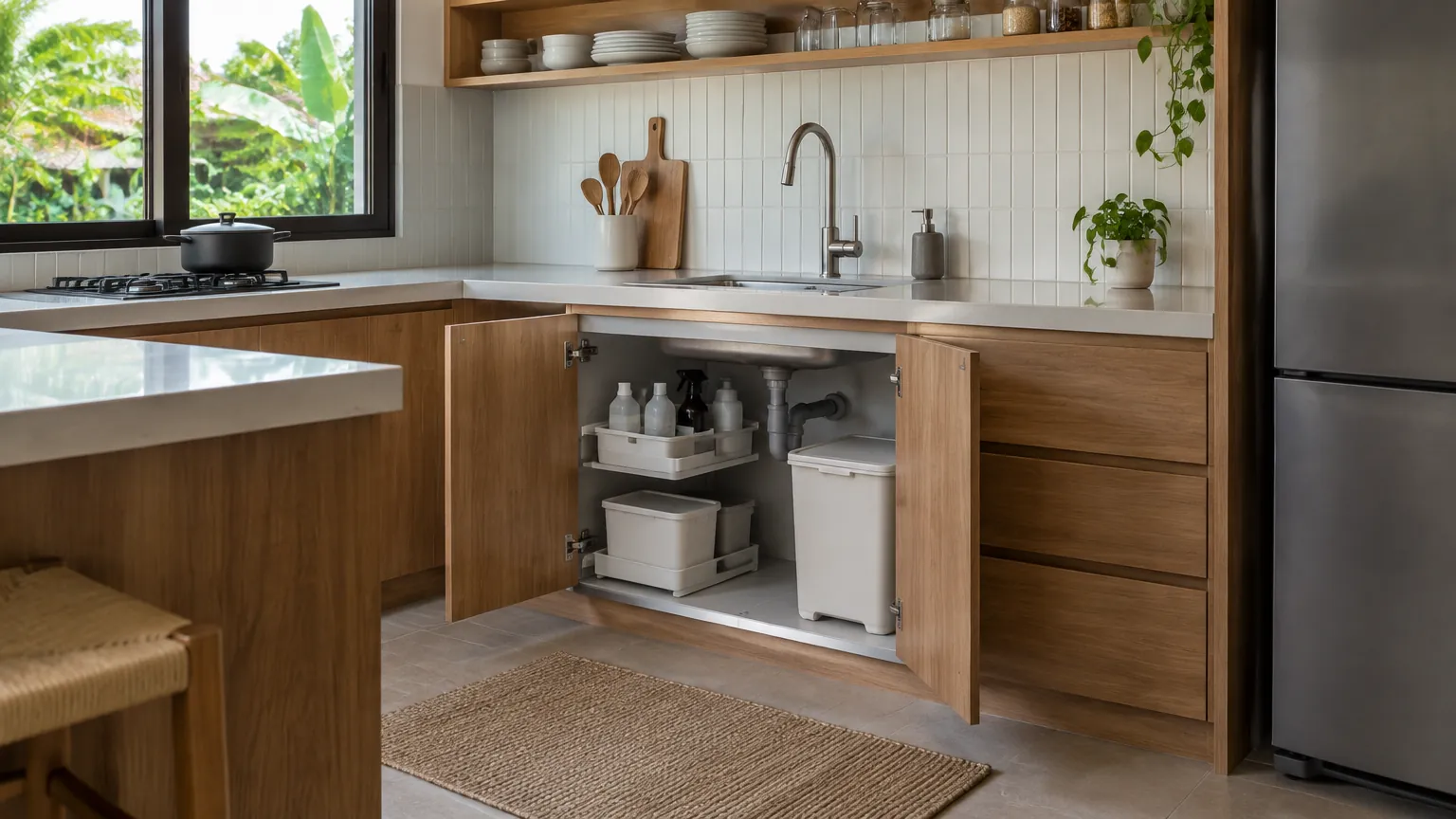 Kabinet bawah wastafel dapur terbuka dengan rak penyimpanan