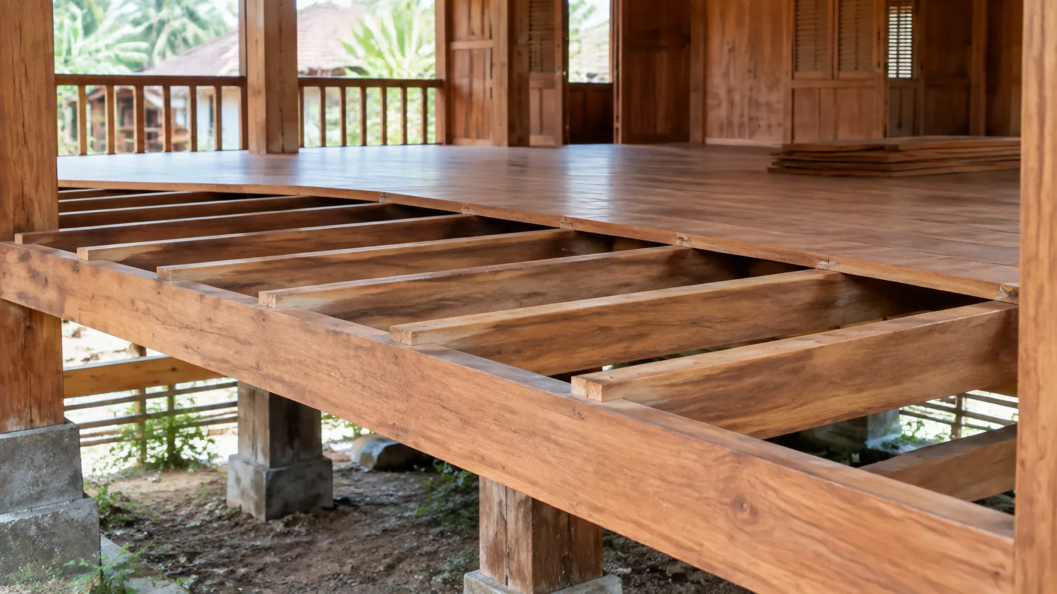Rangka kayu lantai rumah panggung terlihat dari atas