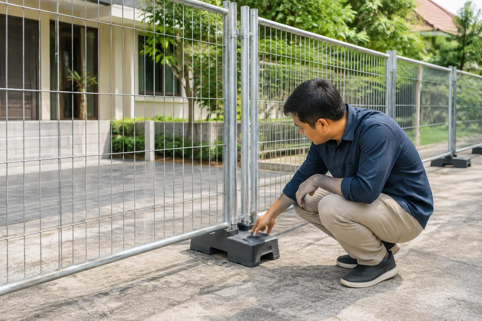 Kaki panel pagar sementara pada permukaan tanah.