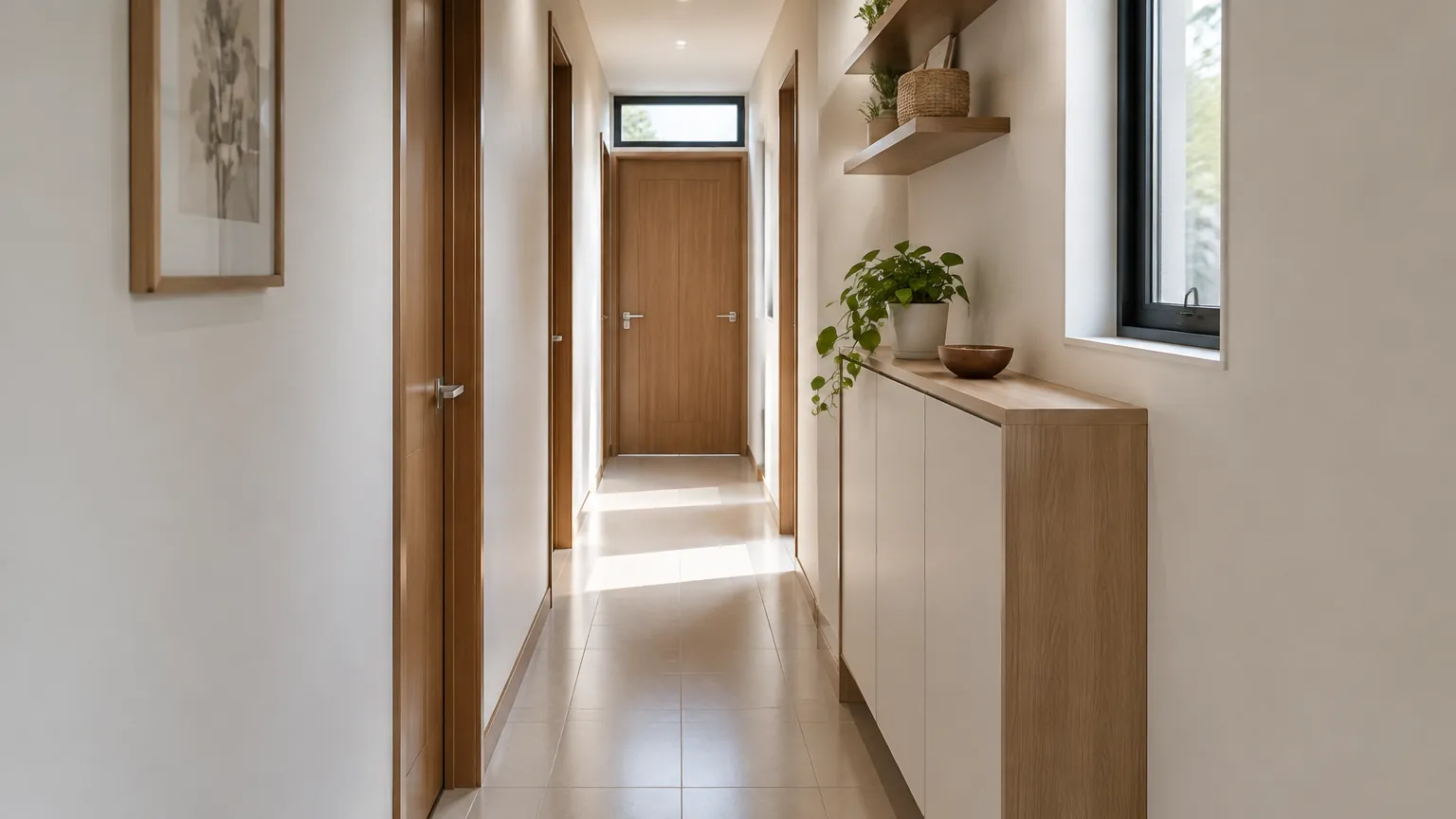 Lorong rumah sempit dengan kabinet ramping di sisinya